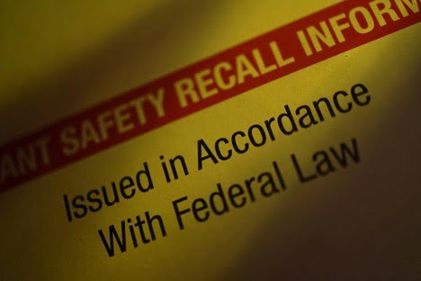 A document with the words “Important Safety Recall Information: Issued in Accordance With Federal Law”, indicating the announcement of a defective product recall.