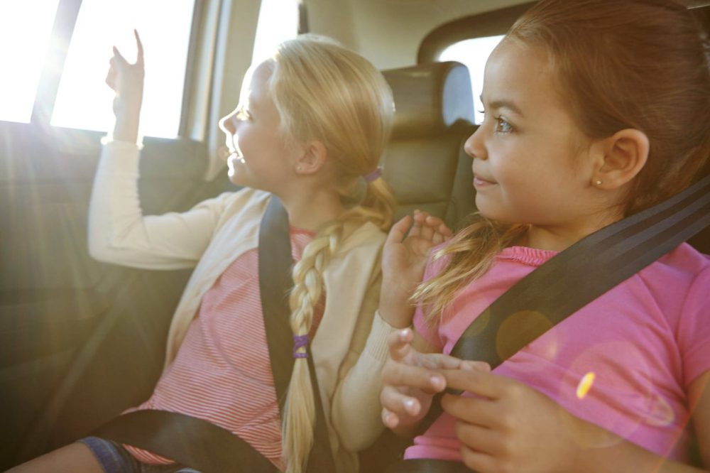 Young Children Sitting In The Backseat Of A Vehicle Stock Photo