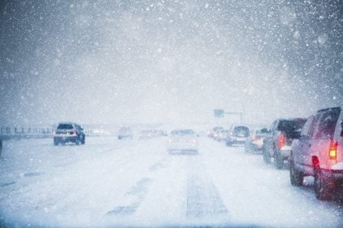 Traffic Jam On A Snowy Road Stock Photo