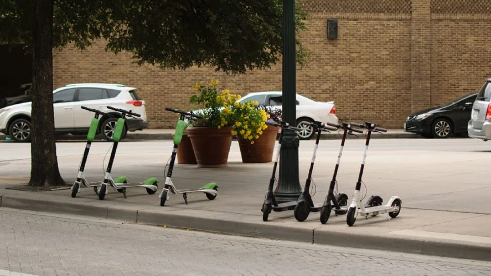 Parked Electric Bird Scooters Stock Photo