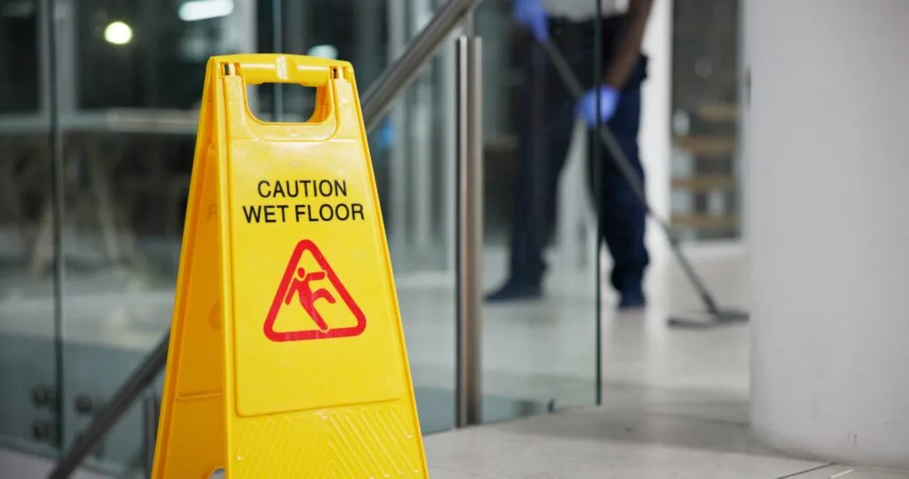 A wet floor sign is posted near a staircase in a commercial building as a janitor mops the floor in the background