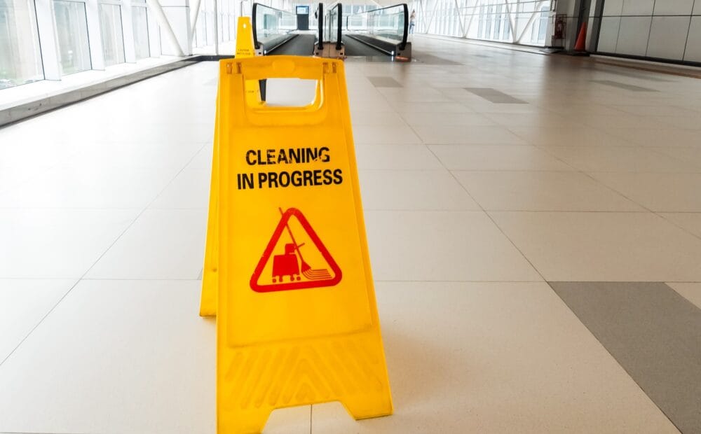 A wet floor/cleaning in progress sign in an airport hallway. A moving sidewalk can be seen in the background.
