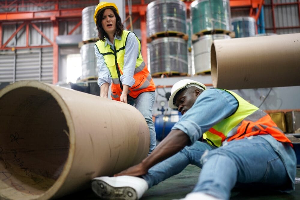 Injured man on floor grabs injured ankle while female co-worker moves heavy pipe out of the area.
